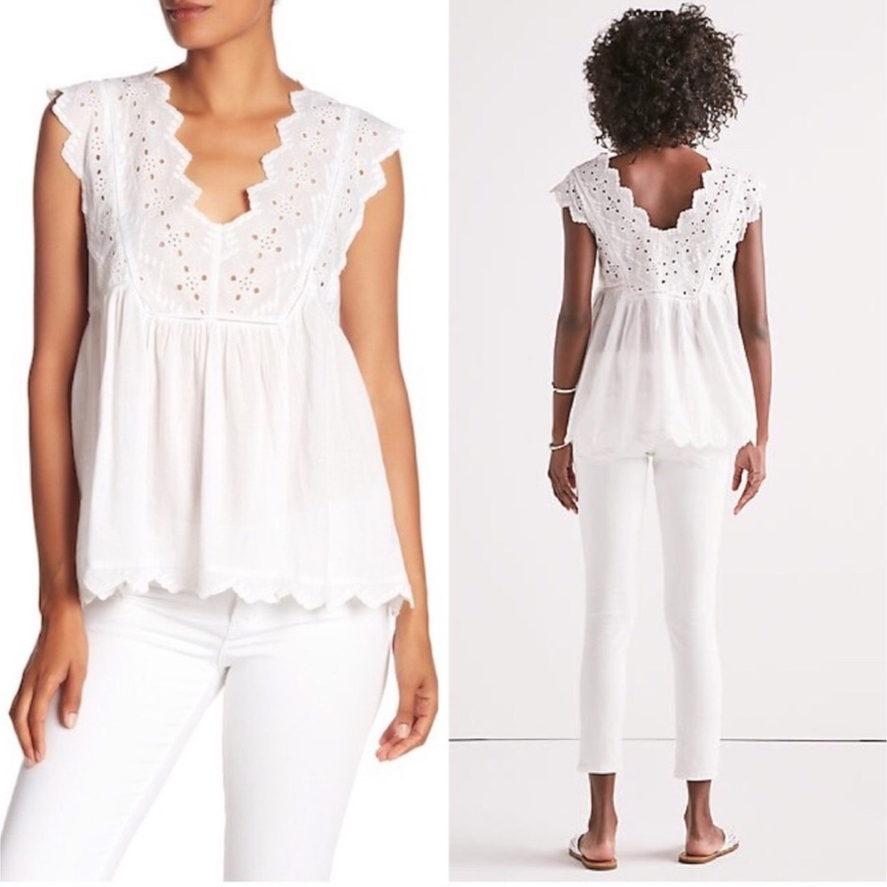 Lucky Brand White Eyelet Sleeveless Top M – Scalloped Hem, Floral Embroidery